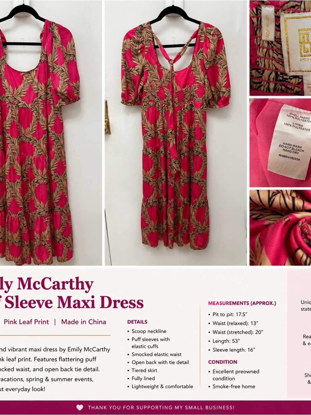 Emily McCarthy Pink Leaf-Print Puff Sleeve Maxi Dress